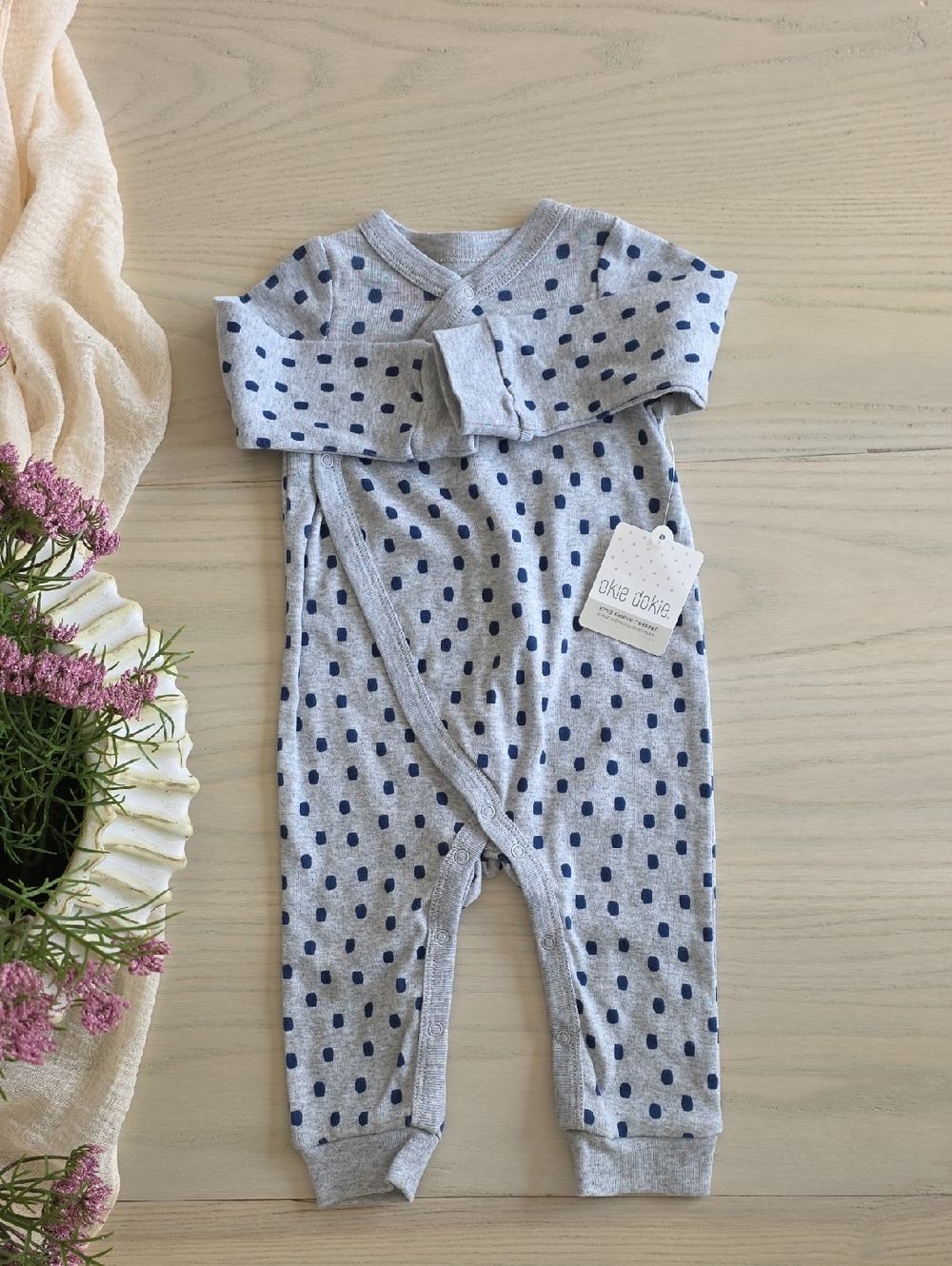 Gray & Navy Polka Dot Baby One-Piece | 6M